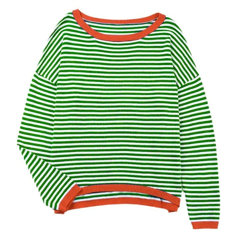 Luise - Orange, marineblau und weiß gestreifter Langarmpullover