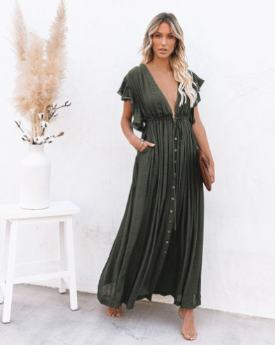 Verena - Schwarzes ärmelloses Kleid mit V-Ausschnitt und Knöpfen