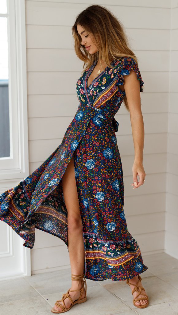 Marianne - Maxikleid mit böhmischen Blumen und Wickel