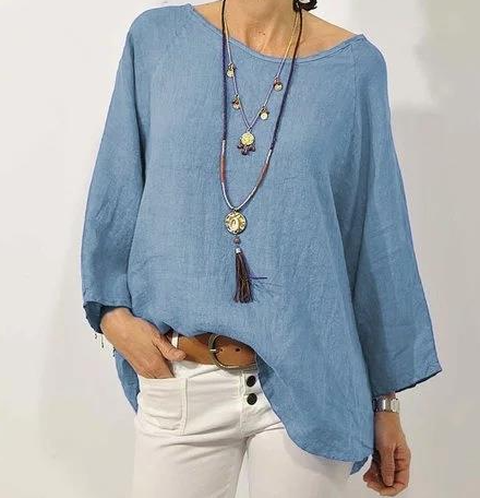 Eila Damen-Bluse Mit Rundhalsausschnitt Und Neunten Ärmeln, Einfarbig, Aus Baumwollleinen