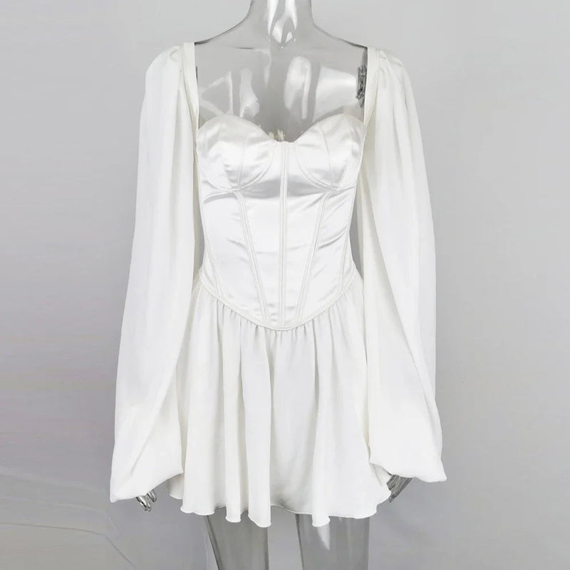 Elegantes Heidi -Satin Bustier Mini Kleid mit Puffärmeln