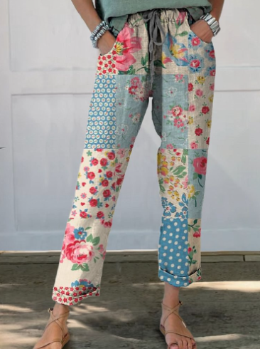 Elegante Damenhose mit Retro-Blumenmuster aus Baumwolle