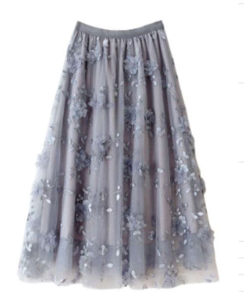 Karin - 3D-Netz-Midirock mit floraler Stickerei in Lila
