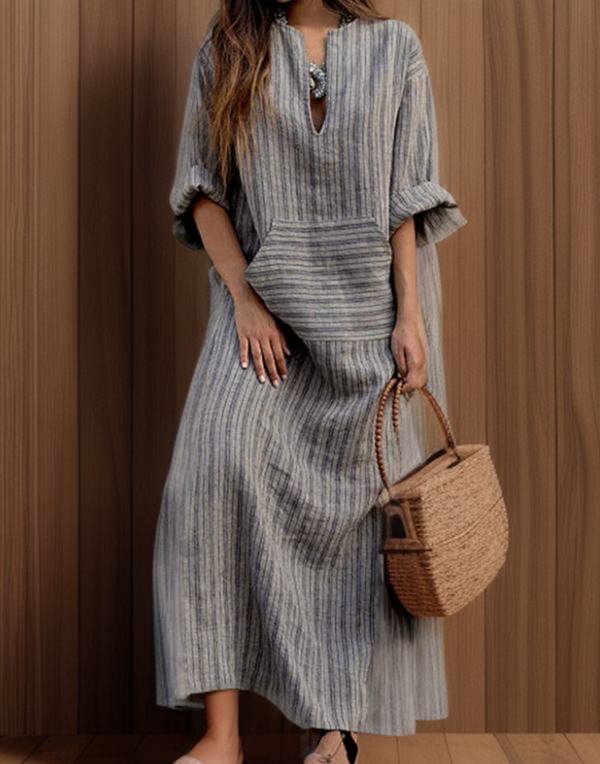 Hailey┃Langes Kleid im Vintage-Stil mit gestreiftem Ausschnitt