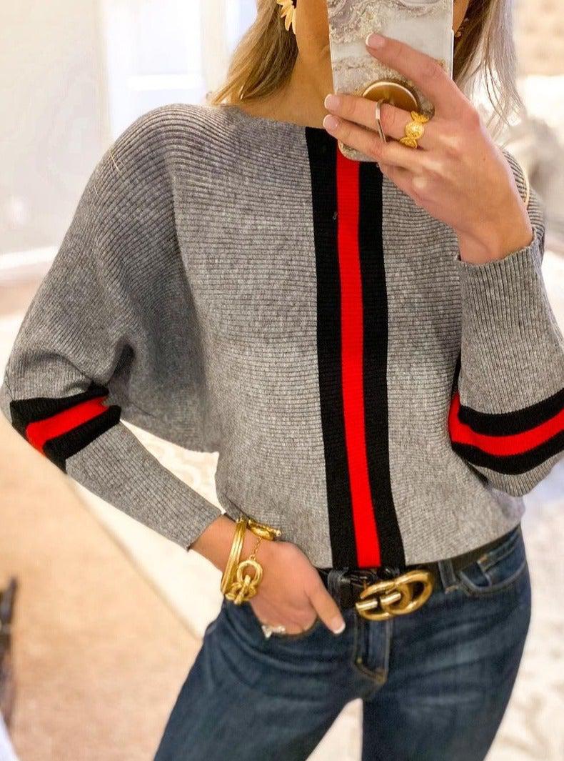 Escobar – Grauer Dolman-Pullover mit roten Streifen