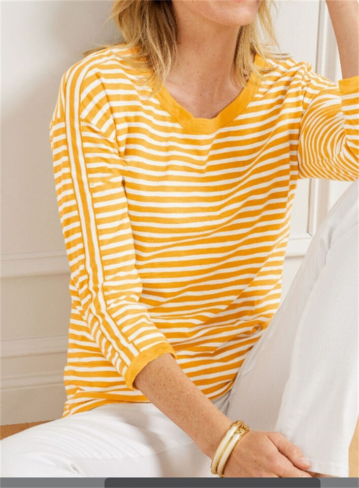 Luise - Orange, marineblau und weiß gestreifter Langarmpullover