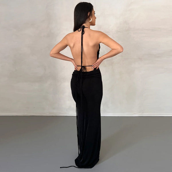 Elegantes Maxikleid mit Bindeschultern und Kragen