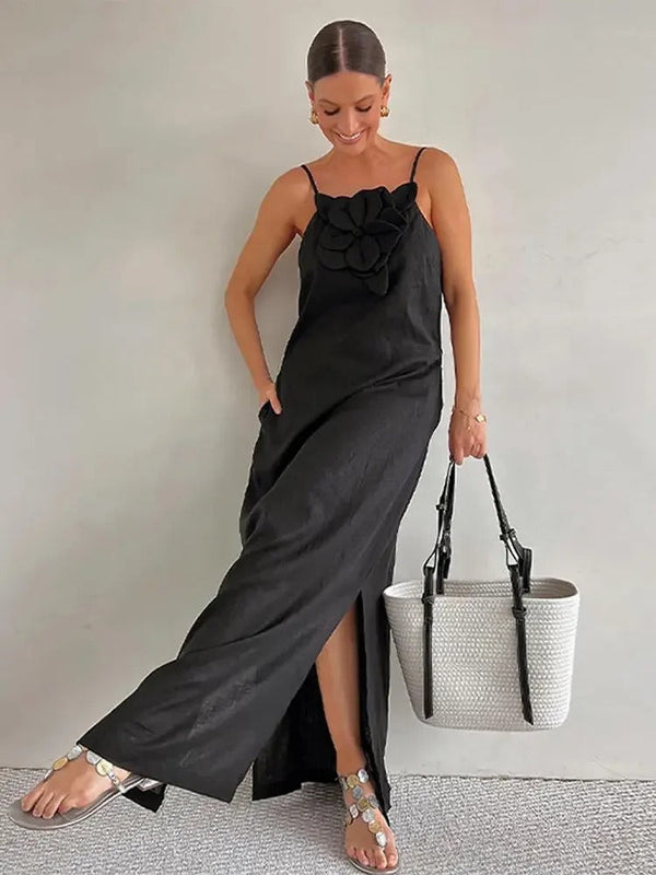 Kleid | Stilvolles ärmelloses Midi-Kleid mit hoher Schlitzen und 3D-Blumendetail für Damen