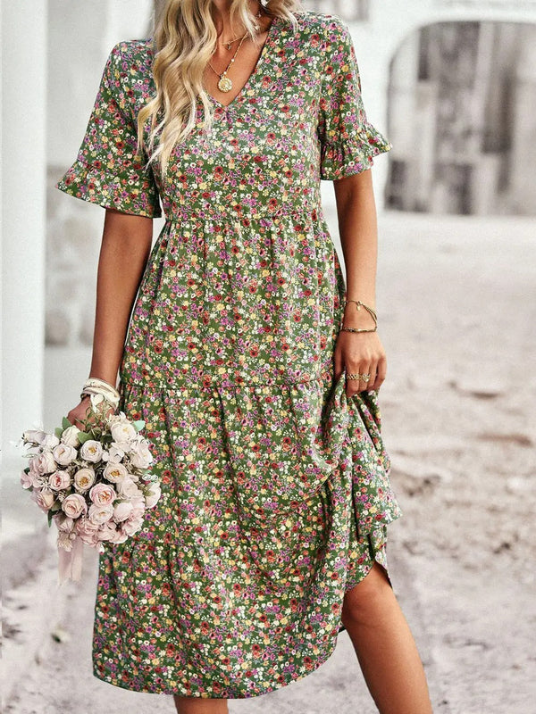 Warmes Kleid | Stilvolles lässiges Sommerkleid mit hoher Taille, Blumenmuster und V-Ausschnitt für Damen für dich