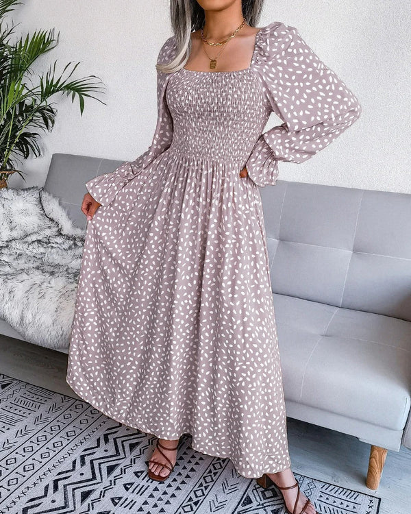 Bequemes Kleid | Stilvolles Sommerkleid mit Polka-Dot-Muster, schwungvollem Saum und langen Ärmeln für dich