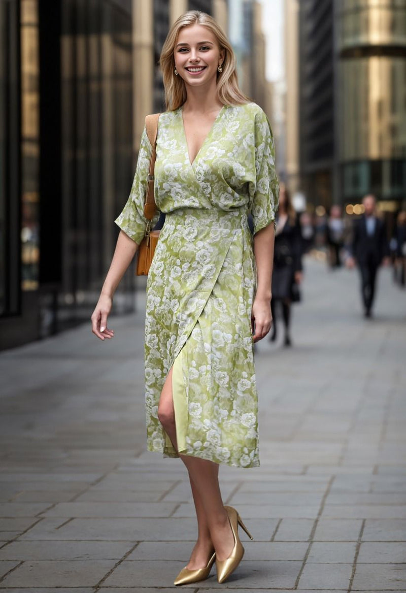 Waltraud - Kleid mit Fledermausärmeln und Wickelfalten im Pfingstrosen-Muster